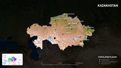 4K Kazakhstan Border Land Map, High Resolution Satellite View with Province Lines and Highly Populated Cities, Widescreen 4K Resolution