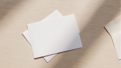 Blank white paper cards with an envelope, placed on a light wood surface with shadows
