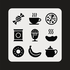 Collection of nine black food and drink icon symbols