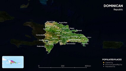 4K Dominica Border Land Map, High Resolution Satellite View with Province Lines and Highly Populated Cities, Widescreen 4K Resolution
