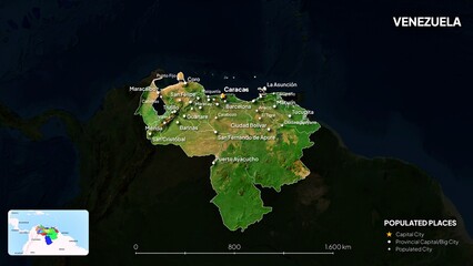 4K Venezuela Border Land Map, High Resolution Satellite View with Province Lines and Highly Populated Cities, Widescreen 4K Resolution