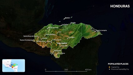 4K Honduras Border Land Map, High Resolution Satellite View with Province Lines and Highly Populated Cities, Widescreen 4K Resolution