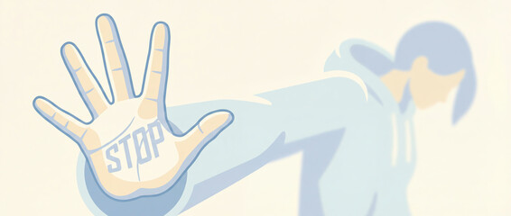 A woman's outstretched hand illustrating a self-defense situation. Stop violence against women. International Women's Day