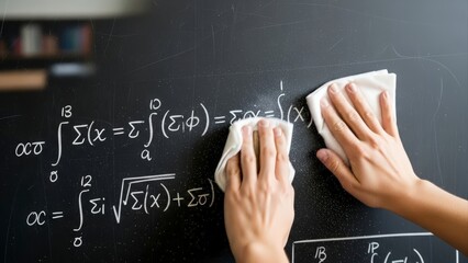 Hands Erasing Complex Mathematical Equations from a Blackboard.