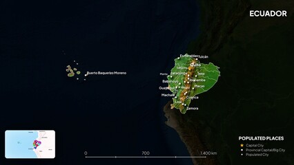 4K Ecuador Border Land Map, High Resolution Satellite View with Province Lines and Highly Populated Cities, Widescreen 4K Resolution