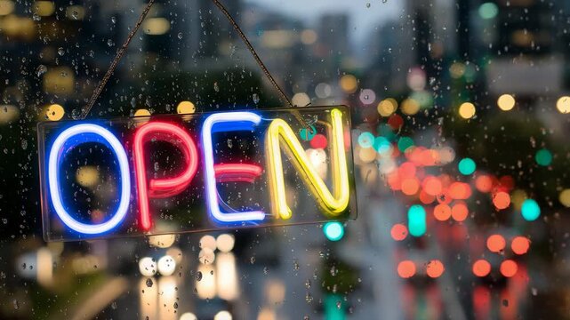 76Vibrant neon OPEN sign glowing intensely in a shop window at night, reflections shimmering on wet glass, colorful city lights blurred in the background