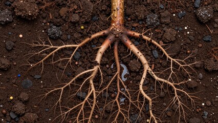 Roots growing through dark soil showing a network of life below the surface during daytime