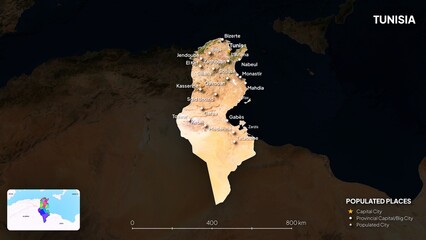 4K Tunisia Border Land Map, High Resolution Satellite View with Province Lines and Highly Populated Cities, Widescreen 4K Resolution