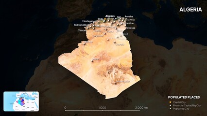 4K Algeria Border Land Map, High Resolution Satellite View with Province Lines and Highly Populated Cities, Widescreen 4K Resolution