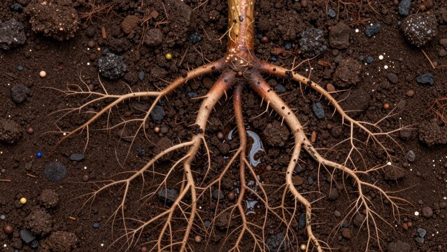 Roots growing through dark soil showing a network of life below the surface during daytime