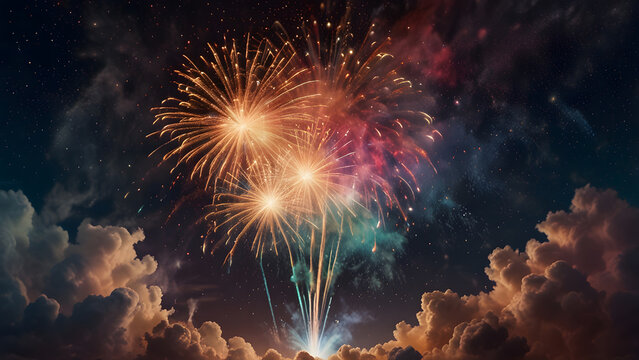 Vibrant golden fireworks are launched into dark night sky with blue sparks above soft clouds. Celebration concept