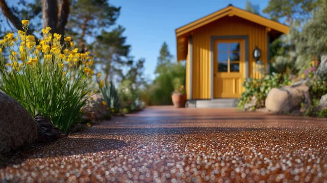 78Detailed close-up of new resin driveway surface, tiny aggregate stones shimmering, yellow home with red roof framed in soft focus, creating a clean exterior renovation aesthetic