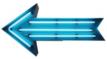 Neon blue arrow sign with tubes isolated on a transparent background