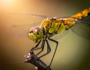 Macro shot of a detailed dragonfly perched on a thin twig, sunlit