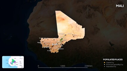 4K Mali Border Land Map, High Resolution Satellite View with Province Lines and Highly Populated Cities, Widescreen 4K Resolution