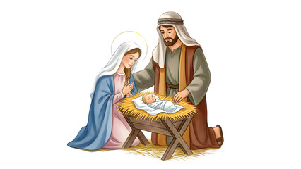 Nativity scene illustration with Mary, Joseph and baby Jesus in a manger