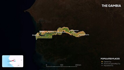 4K Gambia Border Land Map, High Resolution Satellite View with Province Lines and Highly Populated Cities, Widescreen 4K Resolution