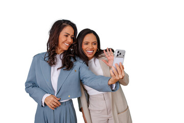Two happy women friends taking a selfie and waving during a video call on smartphone, transparent background