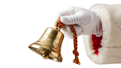Santa's hand in a white glove ringing a golden Christmas bell