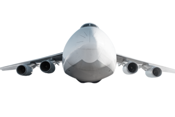 Front view of the white wide body freight aircraft fly isolated