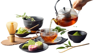 Japanese tea ceremony with matcha, teapot, and sweets, pouring green tea