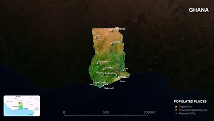 4K Ghana Border Land Map, High Resolution Satellite View with Province Lines and Highly Populated Cities, Widescreen 4K Resolution