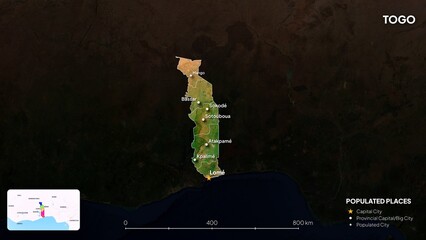 4K Togo Border Land Map, High Resolution Satellite View with Province Lines and Highly Populated Cities, Widescreen 4K Resolution