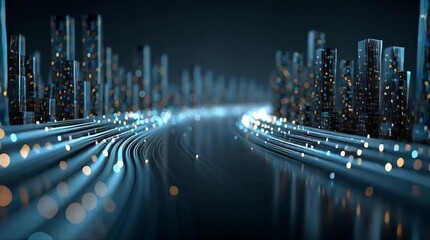 3D looped futuristic city glowing data blocks, flowing neon streams of information, high-tech big data visualization, dark blue sci-fi cyberpunk aesthetic, dynamic particle effects, abstract digital - Powered by Adobe