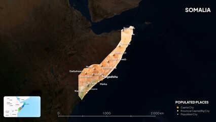 4K Somalia Border Land Map, High Resolution Satellite View with Province Lines and Highly Populated Cities, Widescreen 4K Resolution