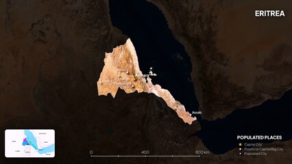 4K Eritrea Border Land Map, High Resolution Satellite View with Province Lines and Highly Populated Cities, Widescreen 4K Resolution