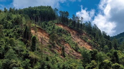 Landslide scar on a steep forested mountain slope