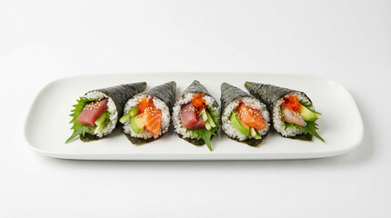 Temaki, cone-shaped sushi with nori seaweed filled with rice and other ingredients.