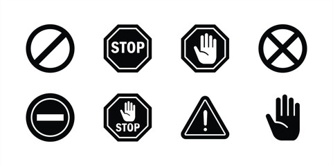 STOP icon set. Containing warning, prohibition, stop, hand, danger, no entry, alert, road, barrier sign. Flat vector illustration