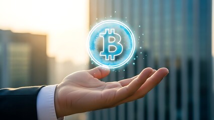 Hand holding bitcoin symbol in front of cityscape