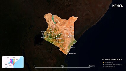 4K Kenya Border Land Map, High Resolution Satellite View with Province Lines and Highly Populated Cities, Widescreen 4K Resolution