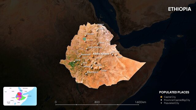4K Ethiopia Border Land Map, High Resolution Satellite View with Province Lines and Highly Populated Cities, Widescreen 4K Resolution