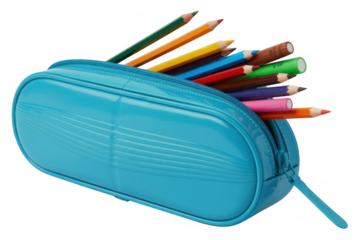 Blue pencil case with colored pencils stationery isolated on a transparent background