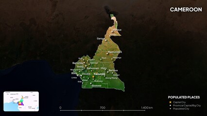 4K Cameroon Border Land Map, High Resolution Satellite View with Province Lines and Highly Populated Cities, Widescreen 4K Resolution