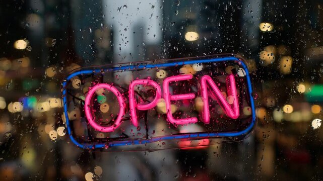 84Electric pink and blue neon OPEN sign glowing strongly in a window, raindrops on the glass catching reflections from the street at night