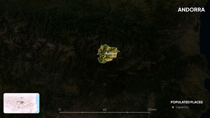 4K Andorra Border Land Map, High Resolution Satellite View with Province Lines and Highly Populated Cities, Widescreen 4K Resolution