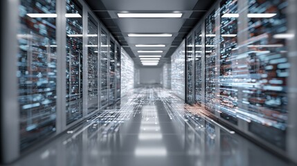 Modern Data Center Interior with Server Rack Rows and Digital Data Flow Visualized in a High-Tech Environment