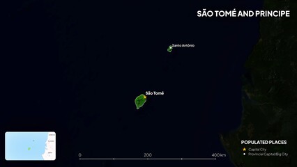 4K Sao Tome and Principe Border Land Map, High Resolution Satellite View with Province Lines and Highly Populated Cities, Widescreen 4K Resolution