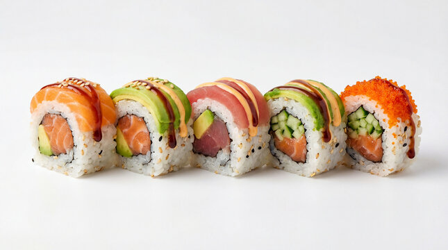 Uramaki, inside-out rolled sushi, with the rice on the outside and the nori seaweed on the inside