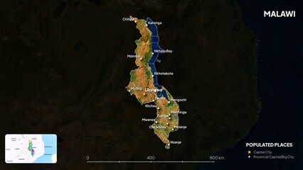 4K Malawi Border Land Map, High Resolution Satellite View with Province Lines and Highly Populated Cities, Widescreen 4K Resolution