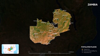 4K Zambia Border Land Map, High Resolution Satellite View with Province Lines and Highly Populated Cities, Widescreen 4K Resolution