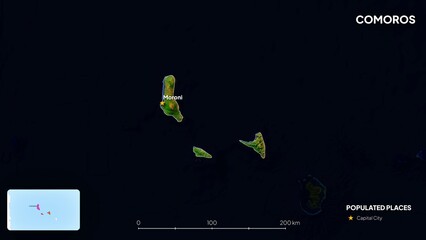 4K Comoros Border Land Map, High Resolution Satellite View with Province Lines and Highly Populated Cities, Widescreen 4K Resolution
