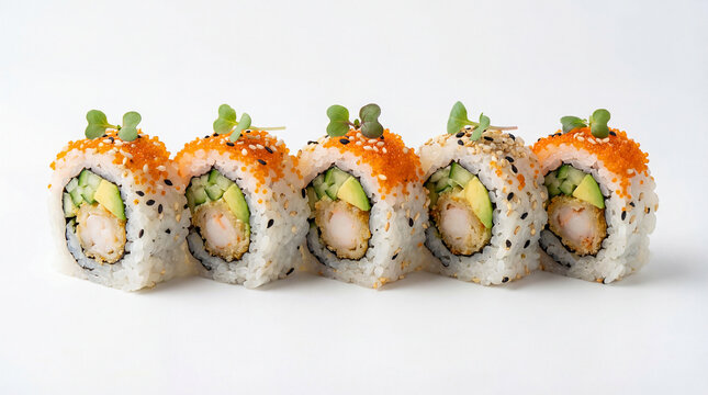 Uramaki, inside-out rolled sushi, with the rice on the outside and the nori seaweed on the inside