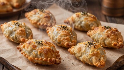 Freshly baked empanadas on a wooden table with steam rising in a warm kitchen atmosphere