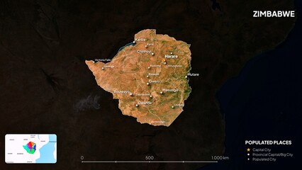 4K Zimbabwe Border Land Map, High Resolution Satellite View with Province Lines and Highly Populated Cities, Widescreen 4K Resolution