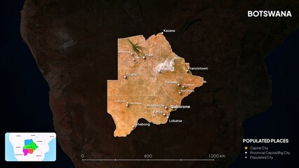 4K Botswana Border Land Map, High Resolution Satellite View with Province Lines and Highly Populated Cities, Widescreen 4K Resolution
